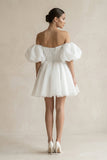 Off-the-Shoulder A-Line Tulle Mini Wedding Dress in White