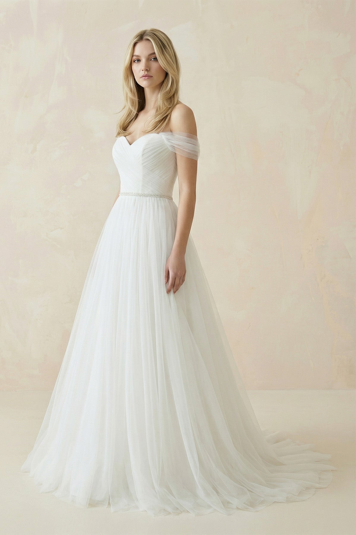 Off-The-Shoulder Tulle Ball Gown Sweep Train Dress