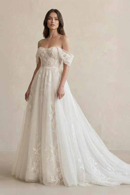 Off The Shoulder A Line Tulle Wedding Dress in Ivory