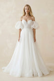 Off-the-Shoulder A-Line Tulle Wedding Dress With Puff Sleeves in White