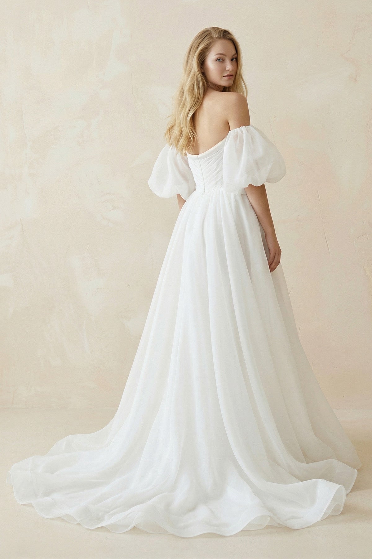 Off-the-Shoulder A-Line Tulle Wedding Dress With Puff Sleeves in White