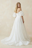 Off-the-Shoulder A-Line Tulle Wedding Dress With Puff Sleeves in White