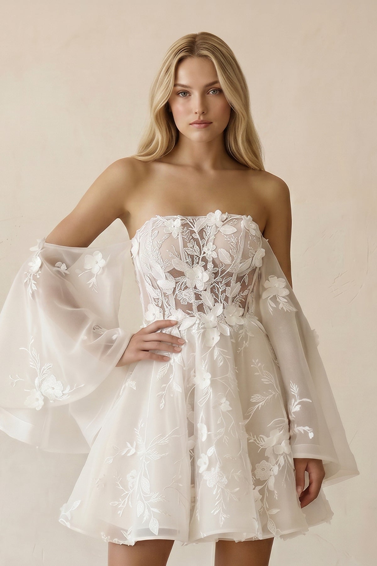 Off-the-Shoulder Appliqued Tulle A-Line Corset Wedding Dress in Ivory