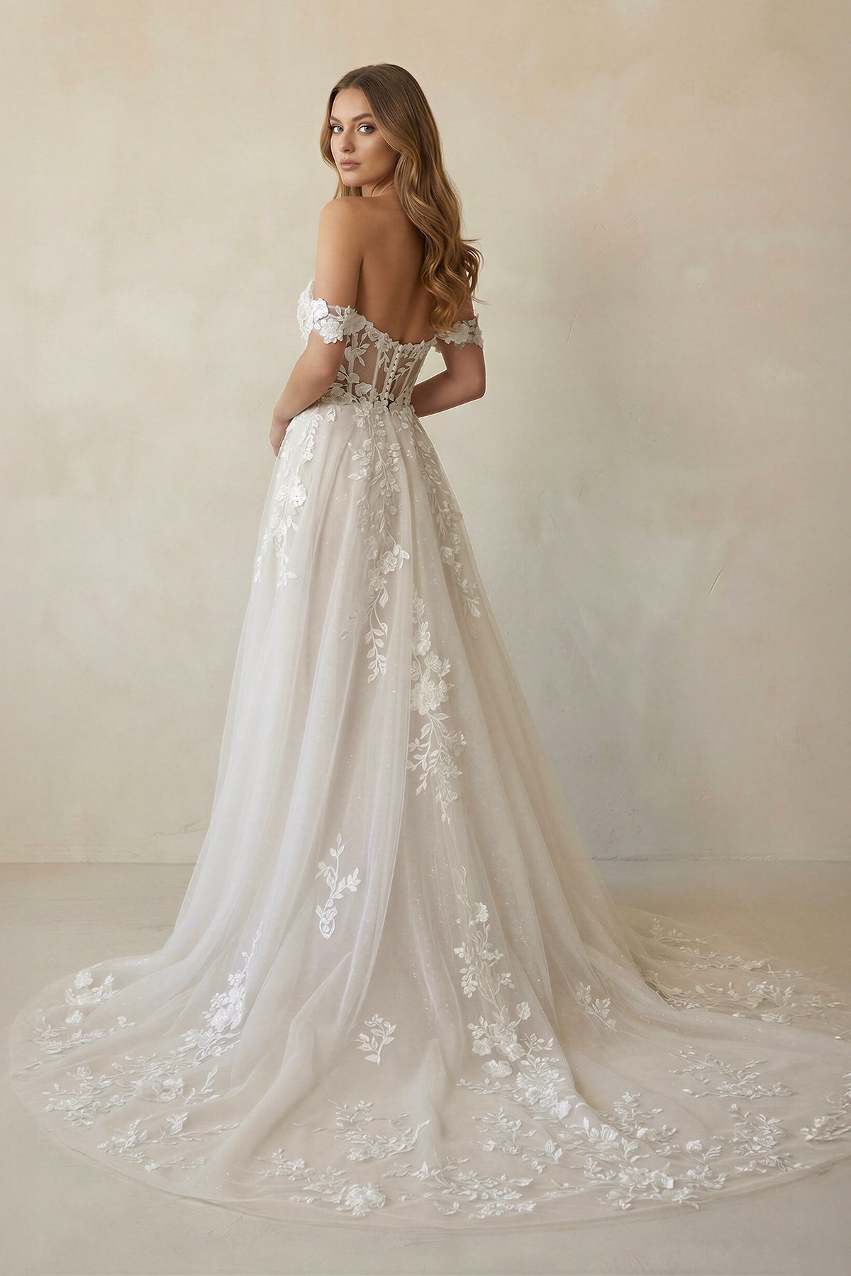 Off The Shoulder Appliqued Wedding Dress With Slit