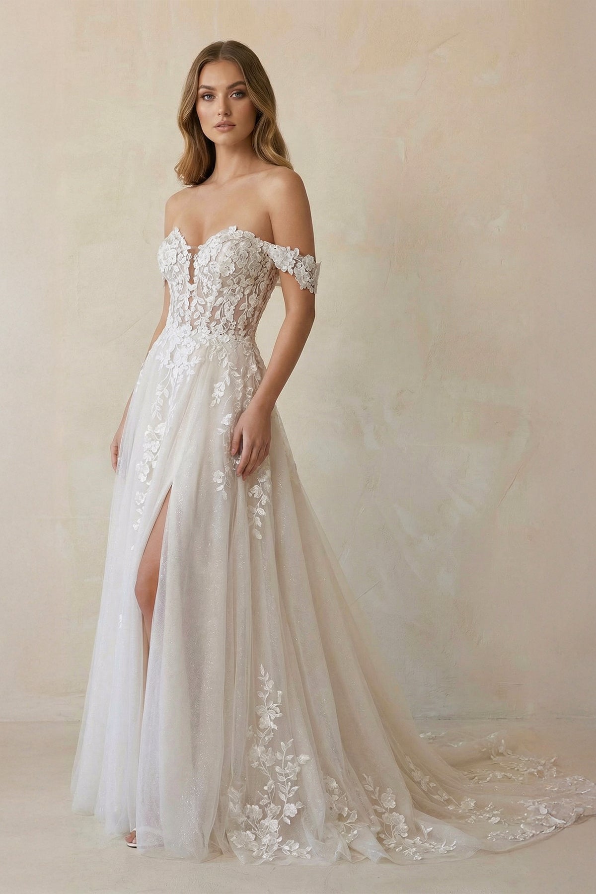 Off The Shoulder Appliqued Wedding Dress With Slit