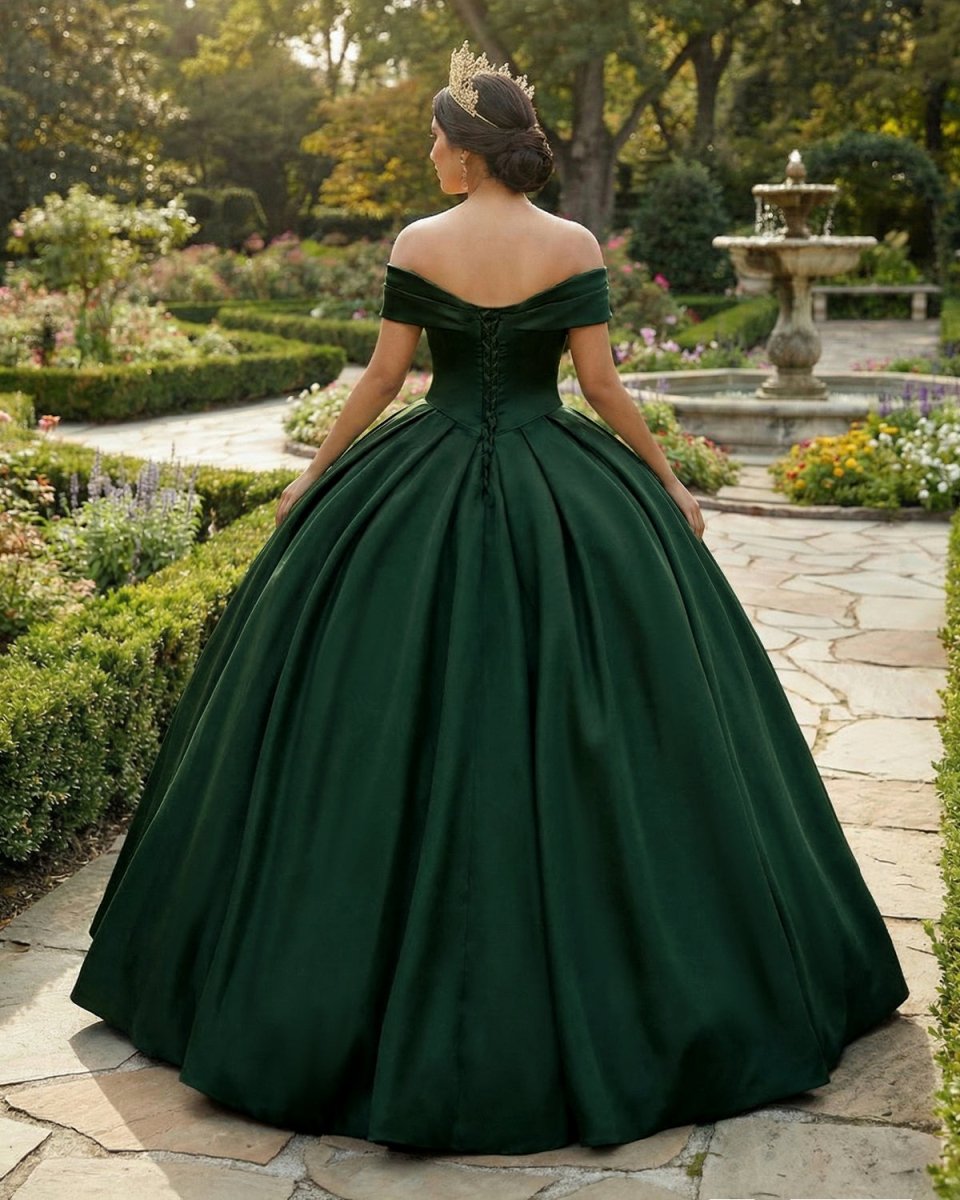 Off the Shoulder Ball Gown Dark Green Satin Quinceanera Dresses