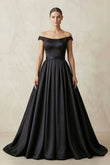 Off-the-Shoulder Boat Neck Satin A-Line Wedding Dress in Black