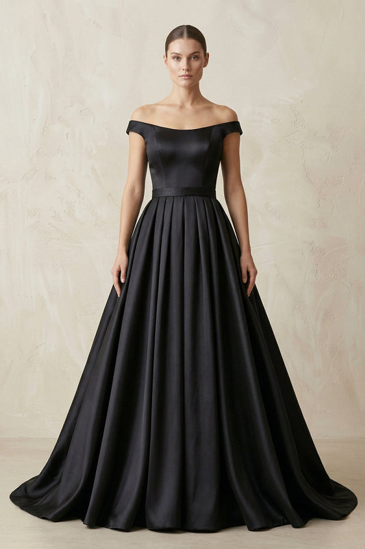 Off-the-Shoulder Boat Neck Satin A-Line Wedding Dress in Black
