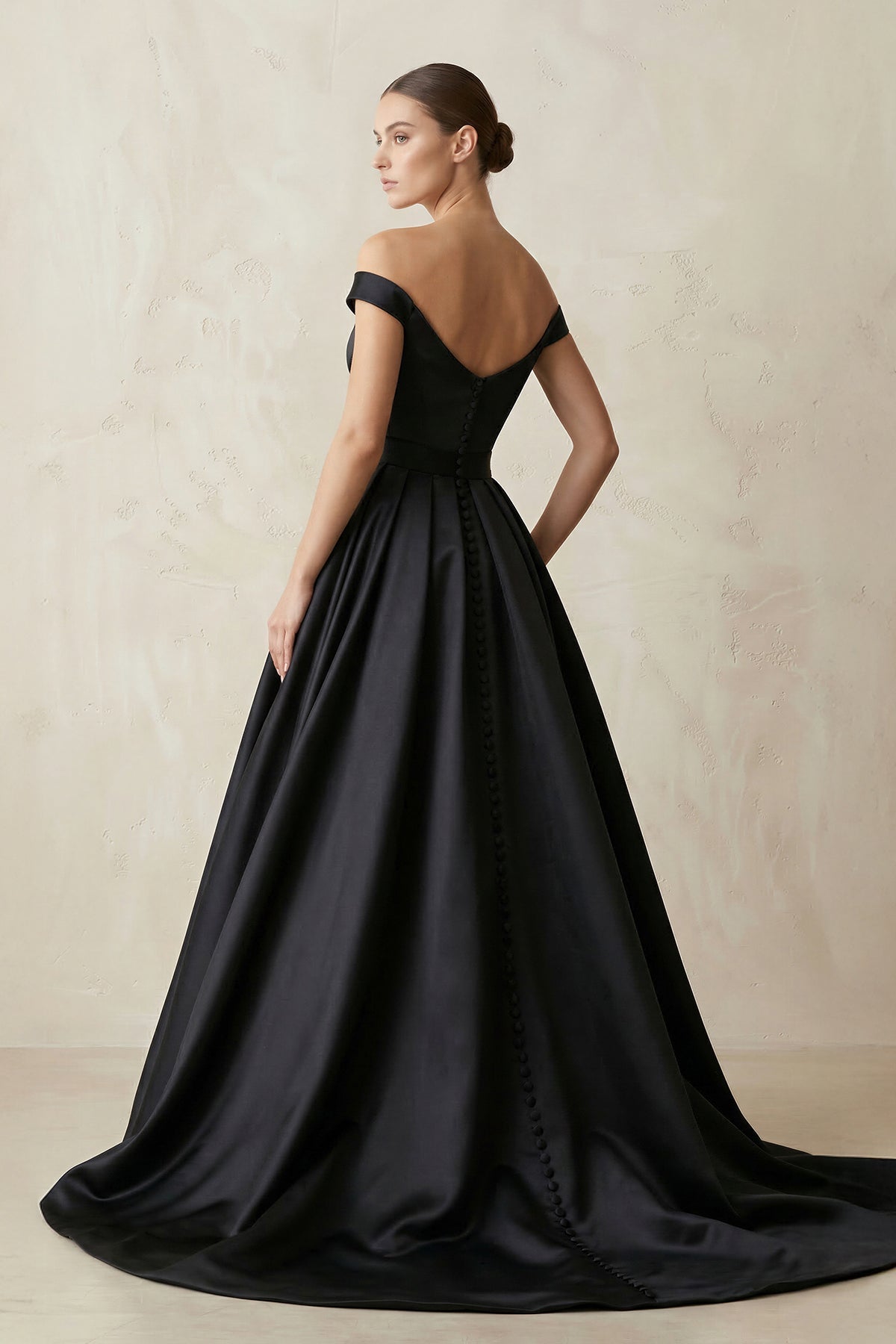 Off-the-Shoulder Boat Neck Satin A-Line Wedding Dress in Black