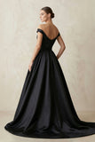 Off-the-Shoulder Boat Neck Satin A-Line Wedding Dress in Black