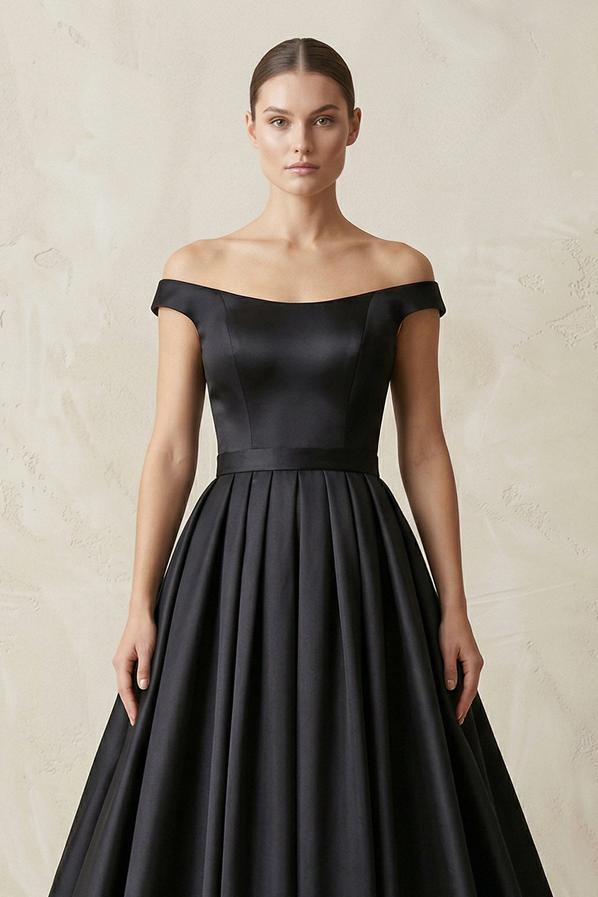 Off-the-Shoulder Boat Neck Satin A-Line Wedding Dress in Black