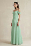 Off-the-Shoulder Chiffon A-Line Bridesmaid Dress in Pale Pistachio