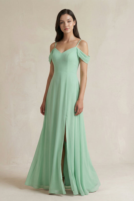 Off-the-Shoulder Chiffon A-Line Bridesmaid Dress in Pale Pistachio
