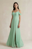 Off-the-Shoulder Chiffon A-Line Bridesmaid Dress in Pale Pistachio