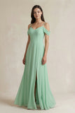 Off-the-Shoulder Chiffon A-Line Bridesmaid Dress in Pale Pistachio