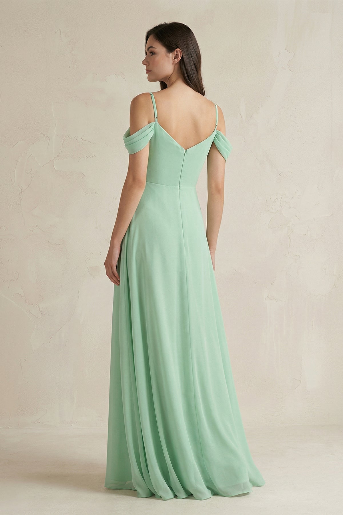 Off-the-Shoulder Chiffon A-Line Bridesmaid Dress in Pale Pistachio