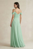 Off-the-Shoulder Chiffon A-Line Bridesmaid Dress in Pale Pistachio