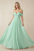 Off-the-Shoulder Chiffon A-Line Long Bridesmaid Dress in Pale Pistachio
