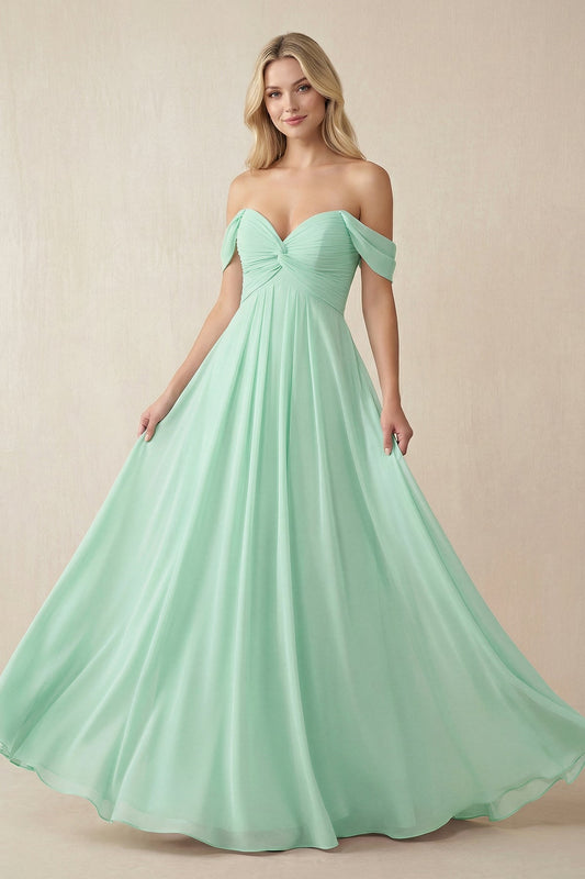 Off-the-Shoulder Chiffon A-Line Long Bridesmaid Dress in Pale Pistachio