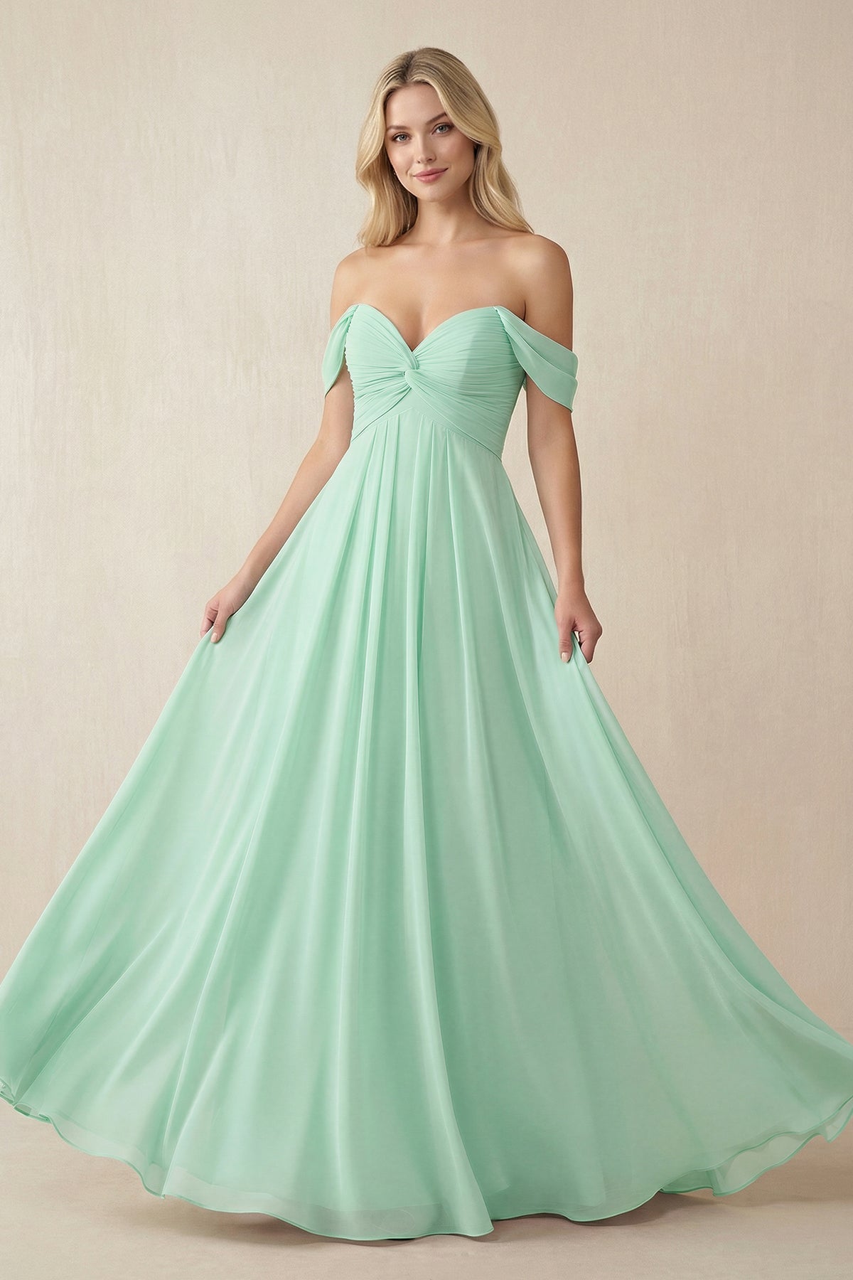 Off-the-Shoulder Chiffon A-Line Long Bridesmaid Dress in Pale Pistachio
