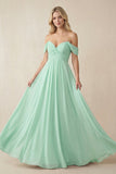 Off-the-Shoulder Chiffon A-Line Long Bridesmaid Dress in Pale Pistachio