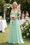 Off-the-Shoulder Chiffon A-Line Long Bridesmaid Dress in Pale Pistachio