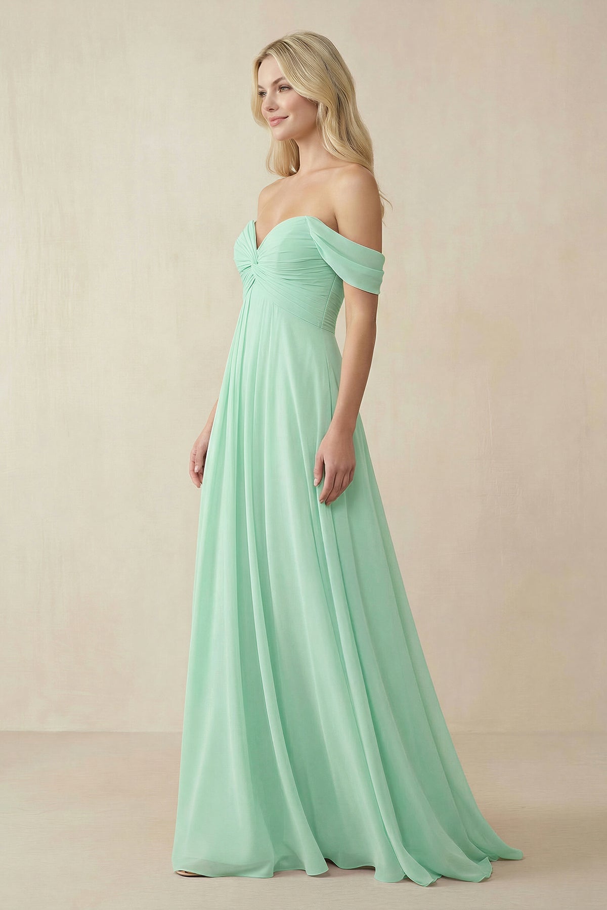 Off-the-Shoulder Chiffon A-Line Long Bridesmaid Dress in Pale Pistachio