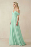 Off-the-Shoulder Chiffon A-Line Long Bridesmaid Dress in Pale Pistachio