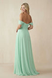 Off-the-Shoulder Chiffon A-Line Long Bridesmaid Dress in Pale Pistachio