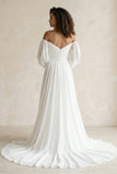 Simple A-Line Off the Shoulder White Beach Wedding Dresses with Slit