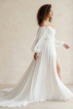 Simple A-Line Off the Shoulder White Beach Wedding Dresses with Slit