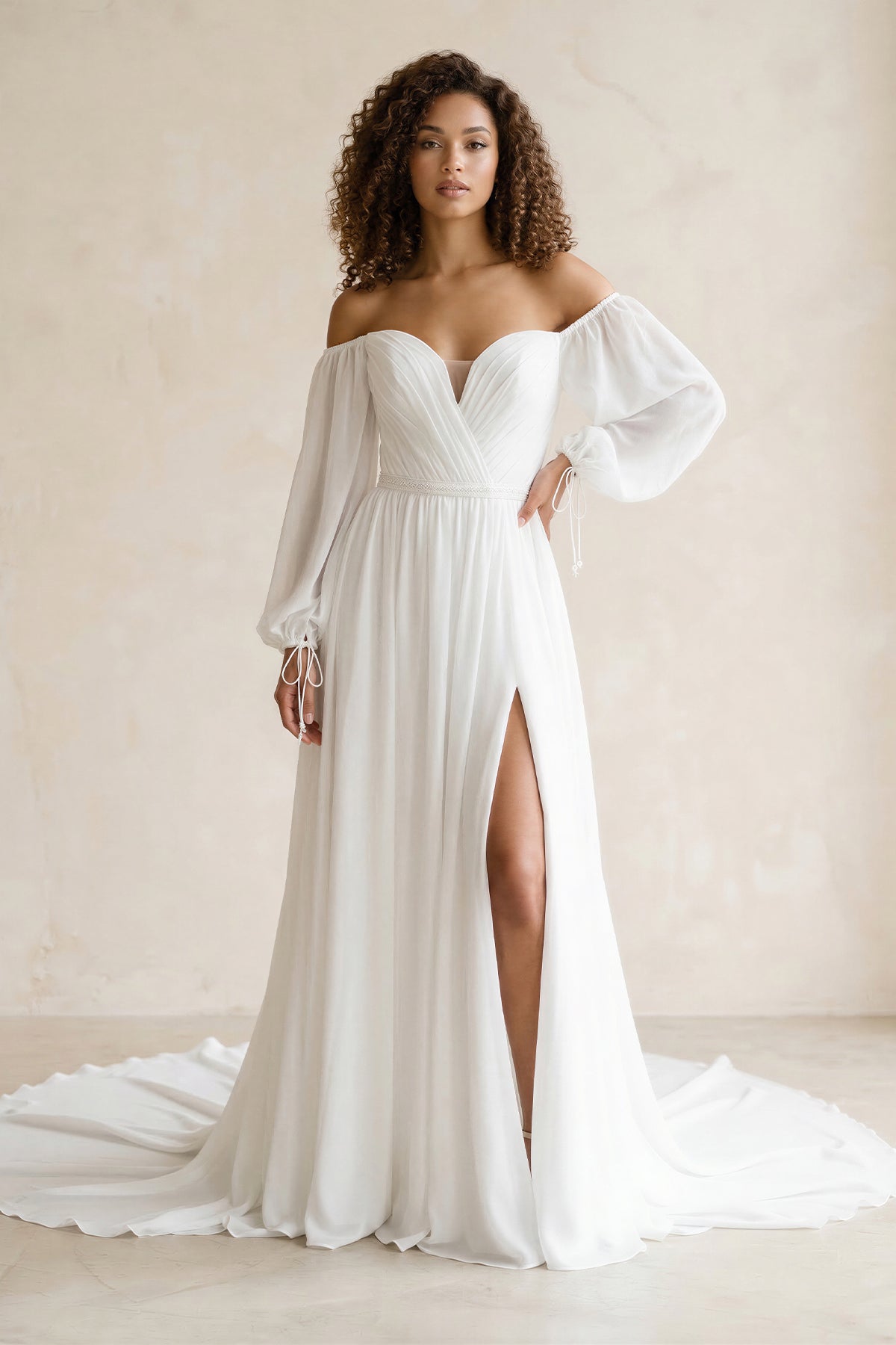 Simple A-Line Off the Shoulder White Beach Wedding Dresses with Slit