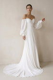 Off the Shoulder Chiffon Long-Sleeve Wedding Dress