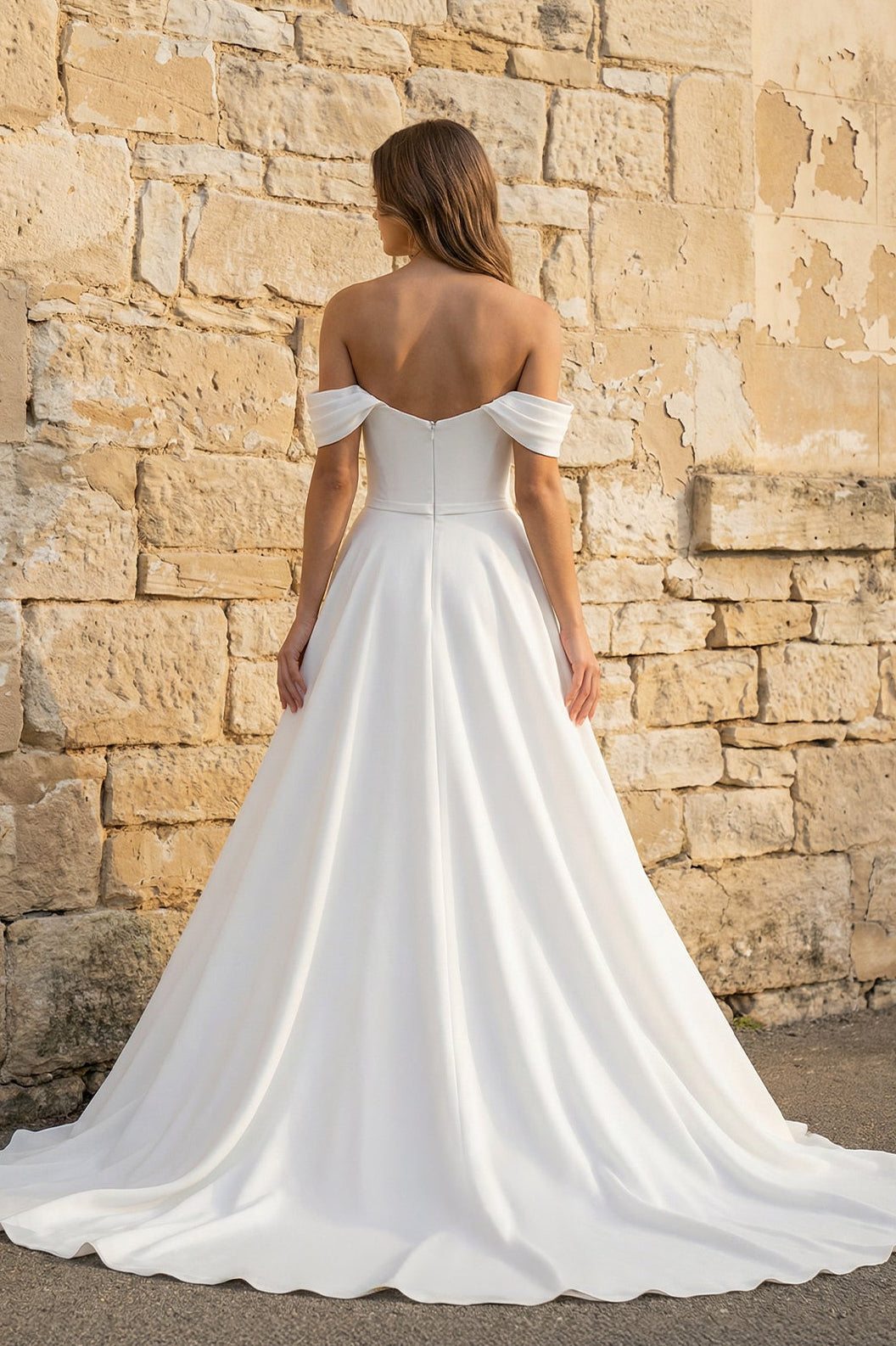 Elegant White Off-the-Shoulder Long Wedding Dress with Slit