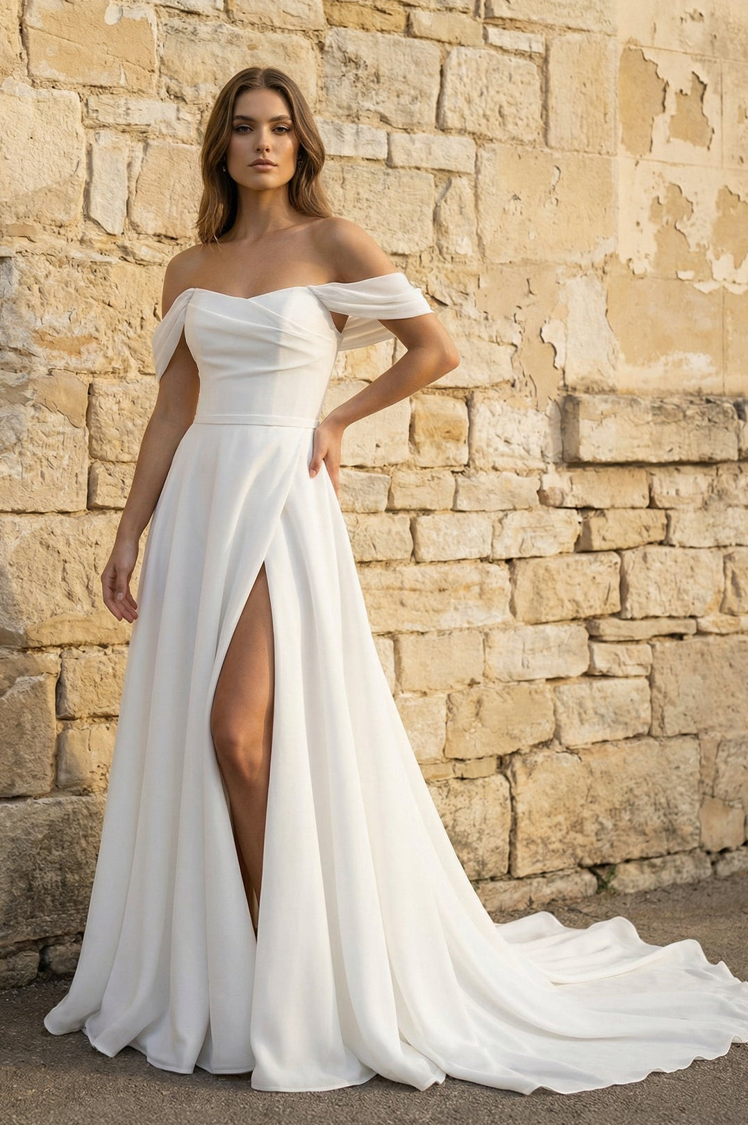Elegant White Off-the-Shoulder Long Wedding Dress with Slit