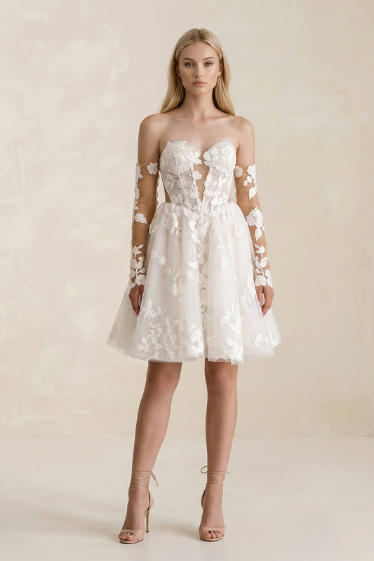 Off-the-Shoulder Flower Appliqued Tulle A-Line Mini Wedding Dress