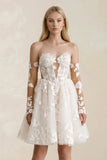 Off-the-Shoulder Flower Appliqued Tulle A-Line Mini Wedding Dress