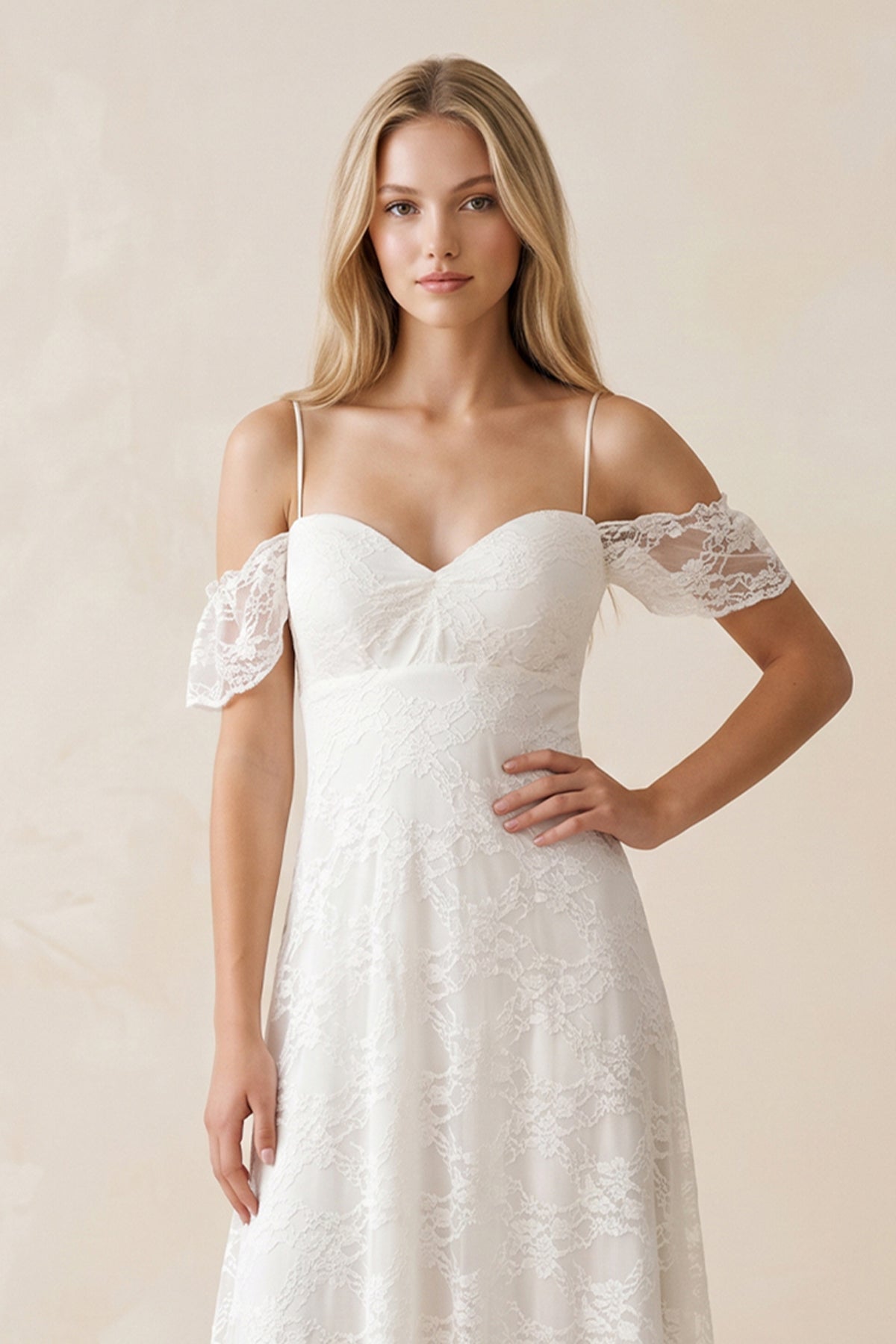 Off-the-Shoulder Lace A-Line Appliqued Wedding Dress in White