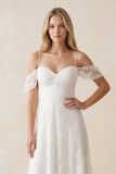 Off-the-Shoulder Lace A-Line Appliqued Wedding Dress in White