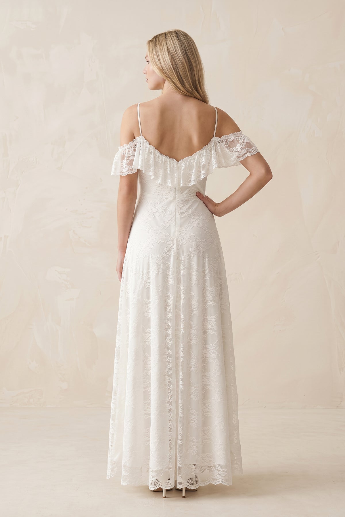 Off-the-Shoulder Lace A-Line Appliqued Wedding Dress in White