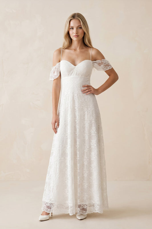 Off-the-Shoulder Lace A-Line Appliqued Wedding Dress in White