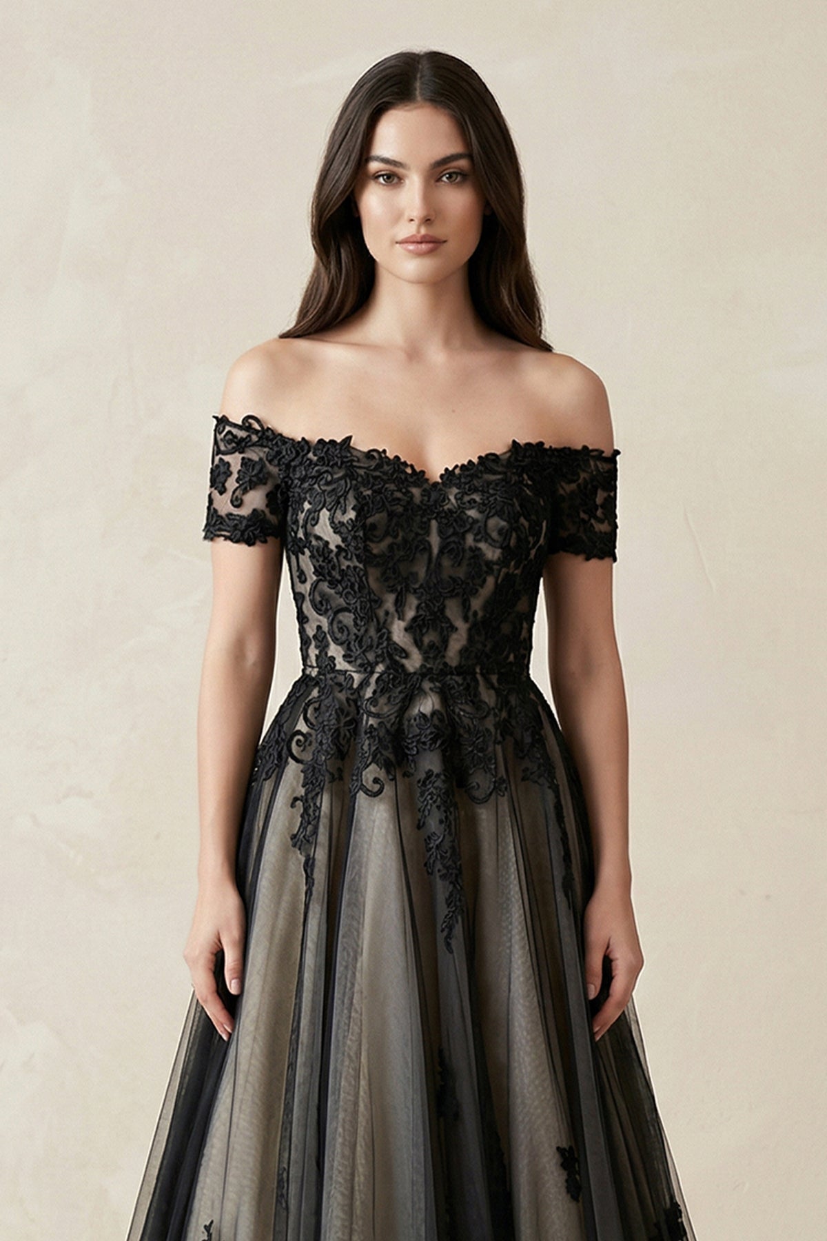 Off-the-Shoulder Lace A-Line Tulle Wedding Dress in Black