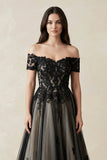 Off-the-Shoulder Lace A-Line Tulle Wedding Dress in Black