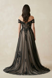 Off-the-Shoulder Lace A-Line Tulle Wedding Dress in Black