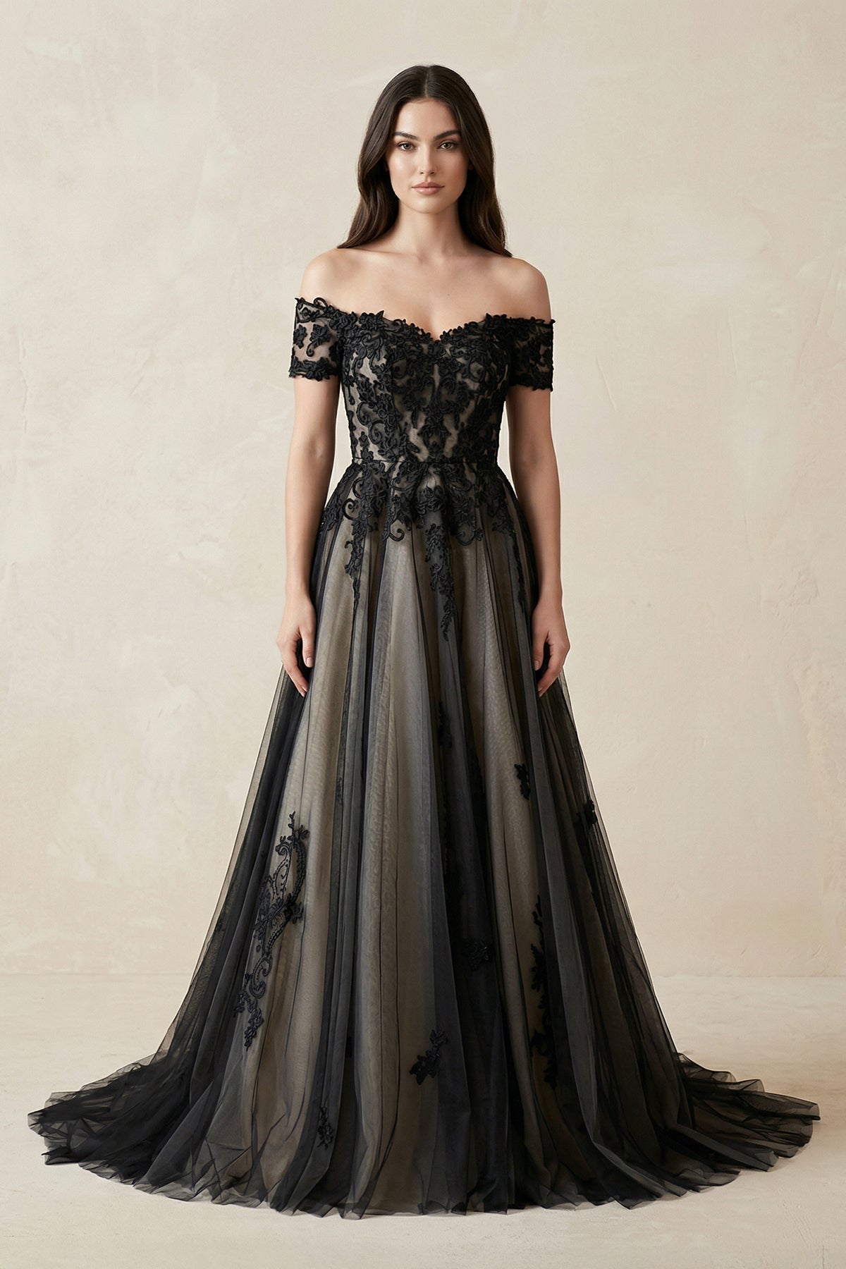 Off-the-Shoulder Lace A-Line Tulle Wedding Dress in Black