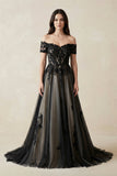 Off-the-Shoulder Lace A-Line Tulle Wedding Dress in Black