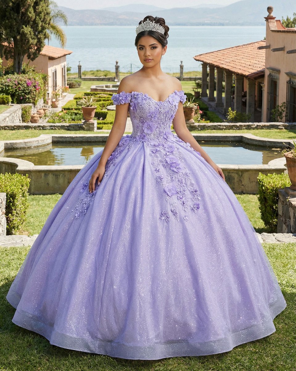Off the Shoulder Lavender Glitter 3D Floral Quinceanera Dresses
