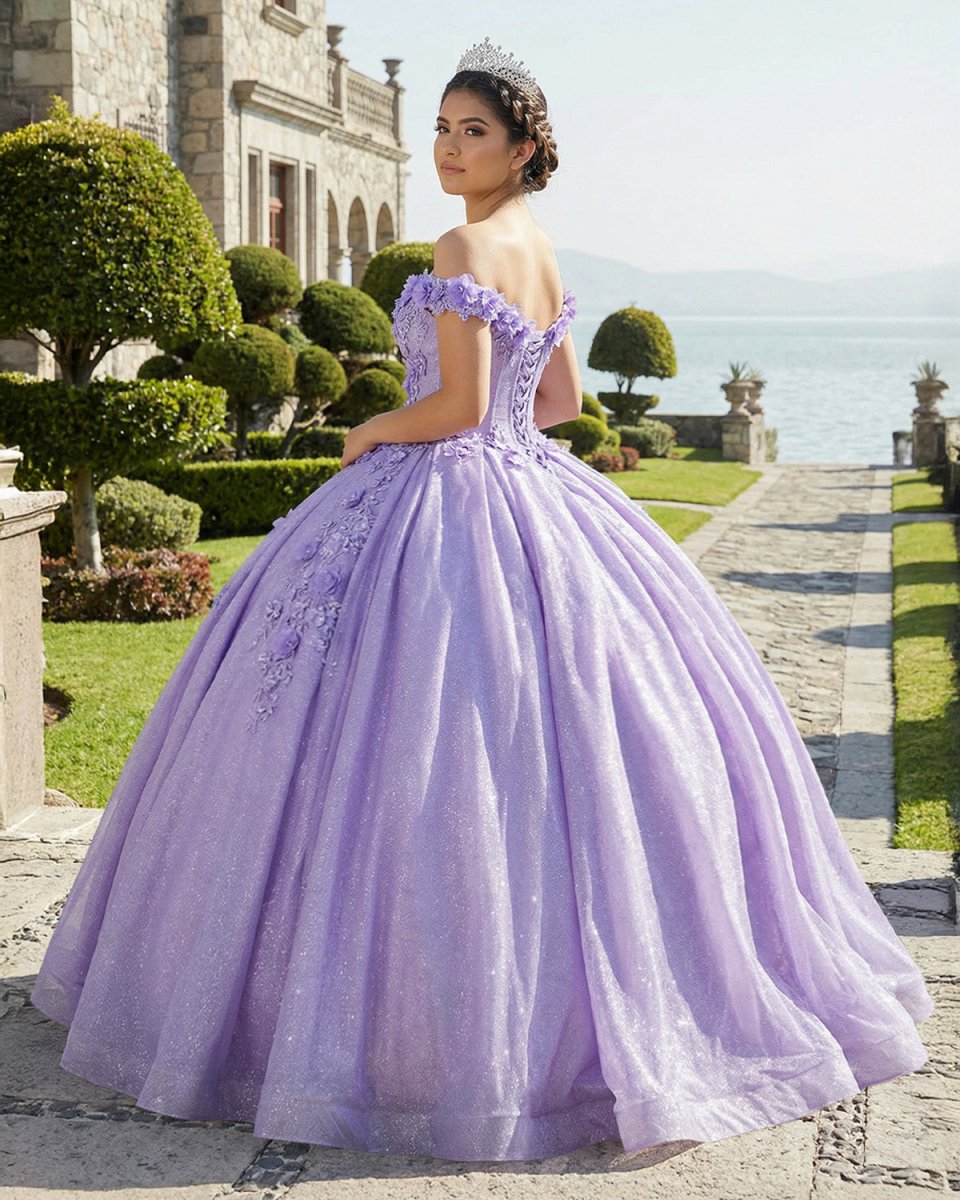 Off the Shoulder Lavender Glitter 3D Floral Quinceanera Dresses