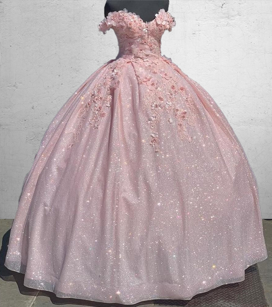 Off the Shoulder Lavender Glitter 3D Floral Quinceanera Dresses