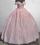 Off the Shoulder Lavender Glitter 3D Floral Quinceanera Dresses